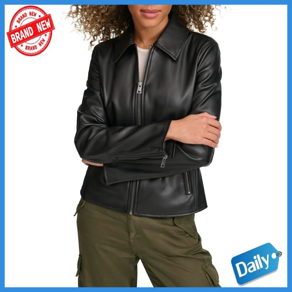 Faux Leather Racer Jacket with Laydown Collar, Water Resistant